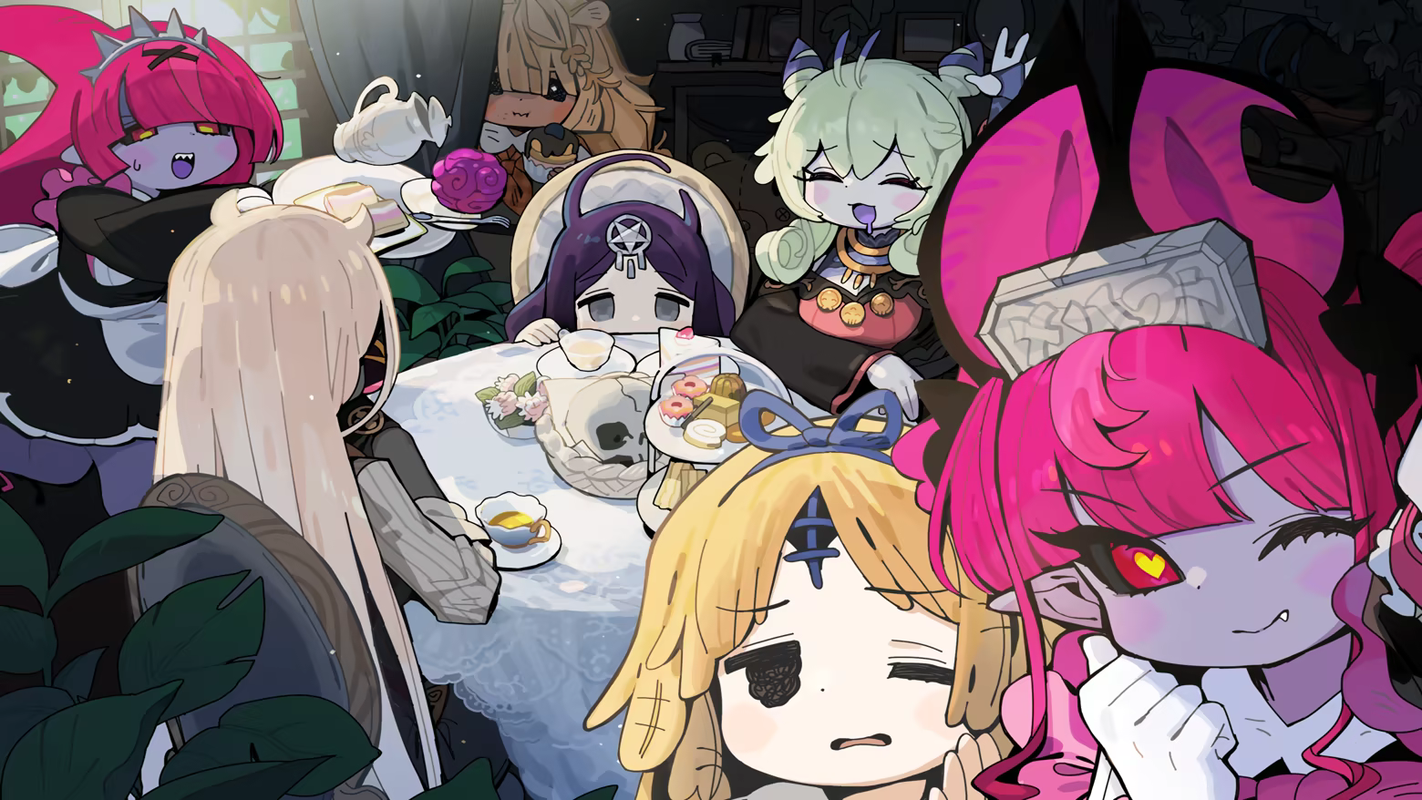 Sil and the witches gathered around the tea table in official Garden of Witches artwork