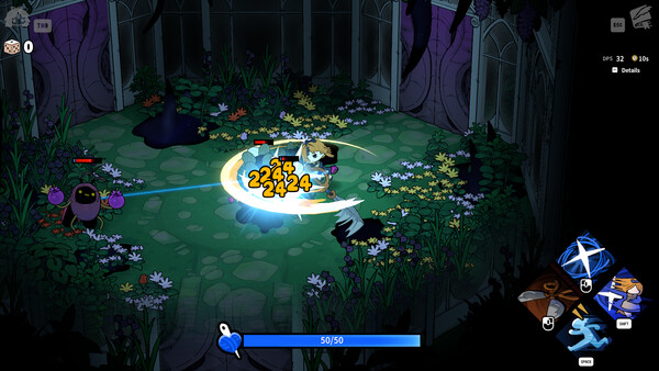 Sil fighting shadow creatures in a flower-filled Garden of Witches arena